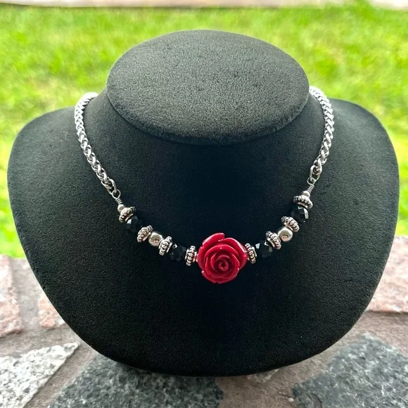 Handmade stainless steel red rose flower wheat chain link choker necklace - Picture 7 of 9